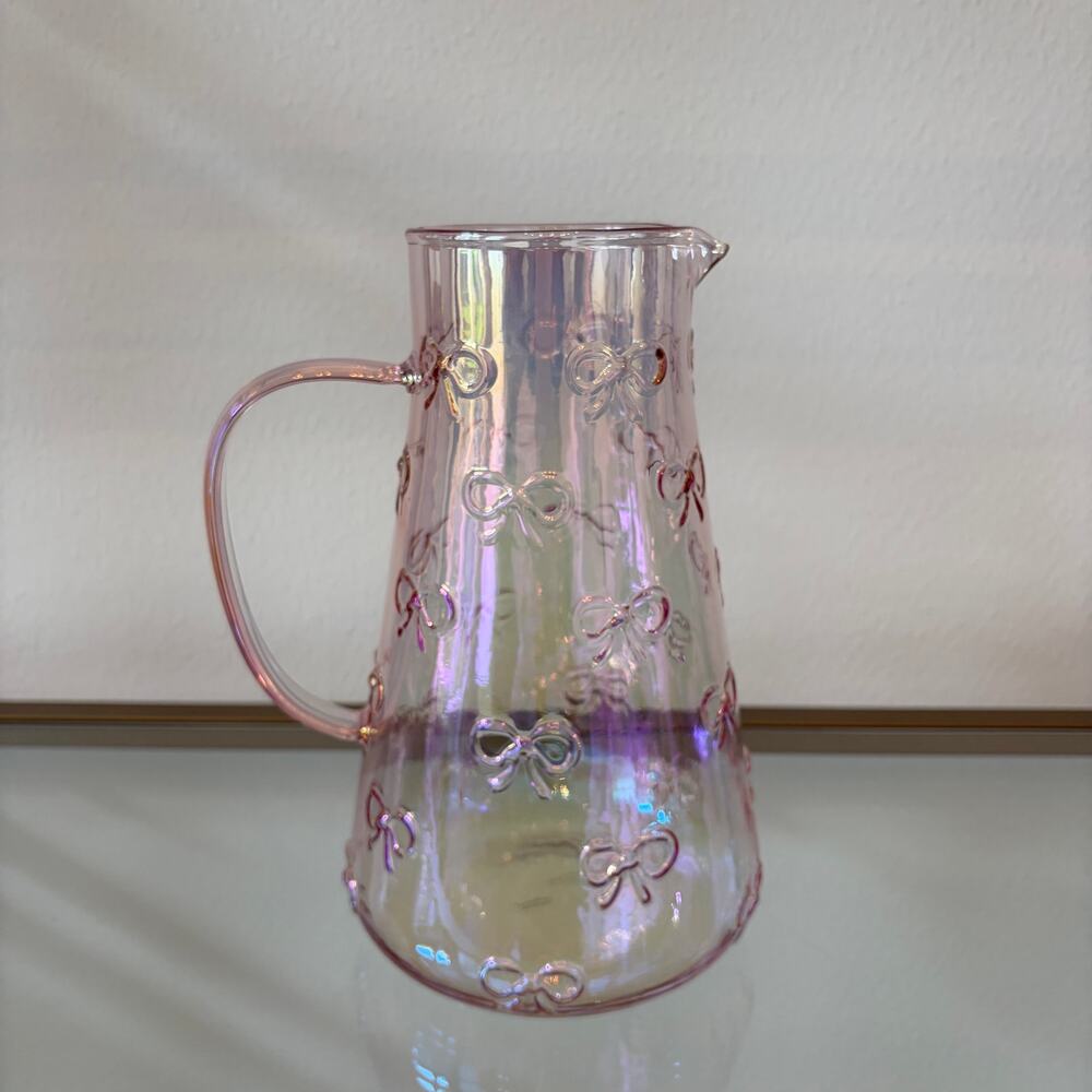 BellaLux Embossed Bow PINK Luster Glass Pitcher 9.25in Chic Barware NEW - Picture 11 of 11